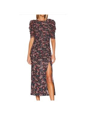 Free People Black Floral Ruched Midi Dress with Side Slit